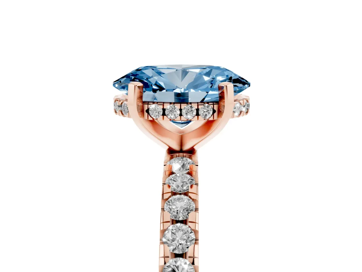 Fancy Blue Oval Cut Diamond Solitaire Ring with Round Pavé Band and Four-Prong Setting Rose gold