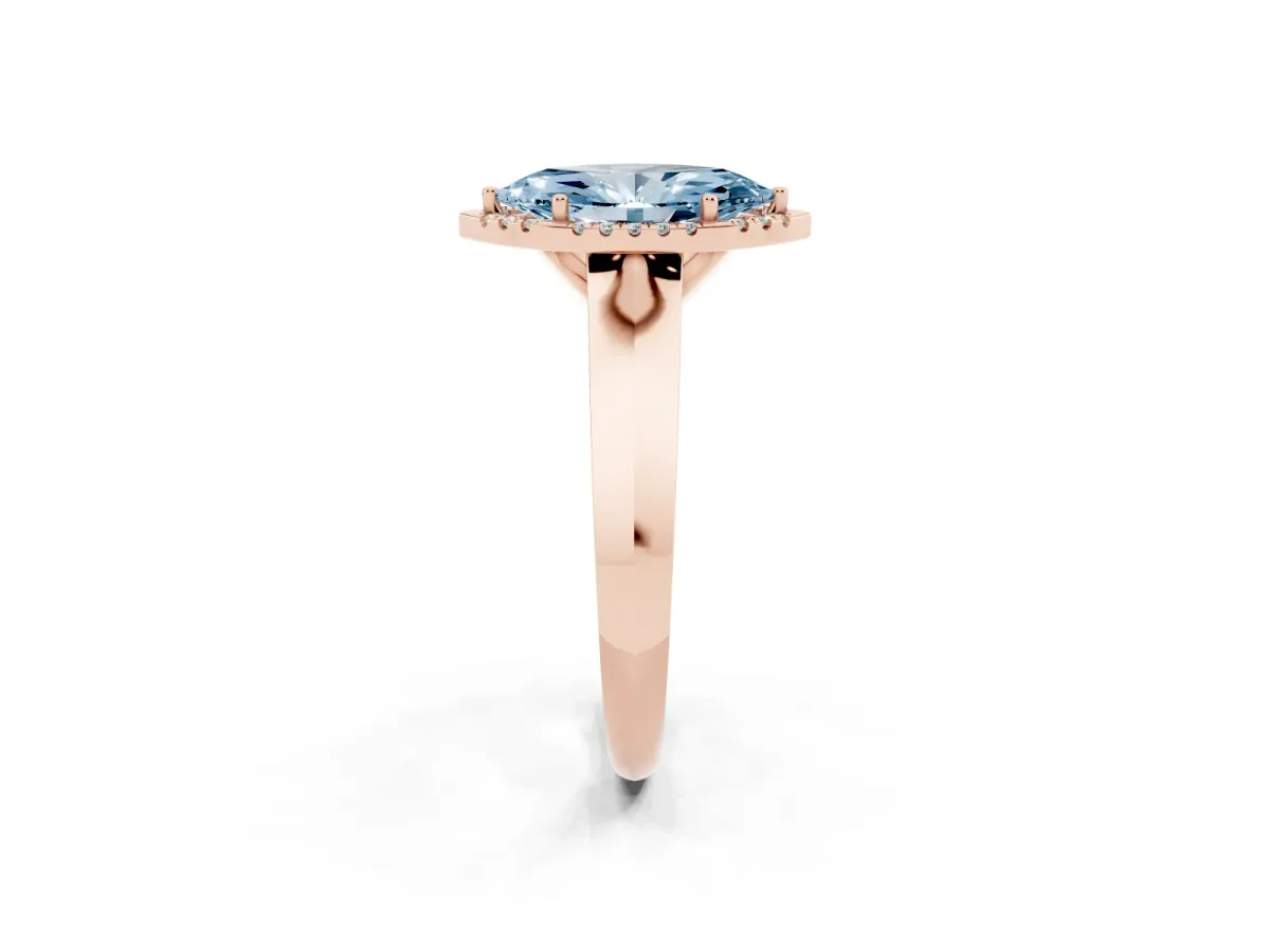 Fancy Blue Marquise Cut Halo Diamond Ring with Cathedral Band and Four-Prong Setting Rose gold