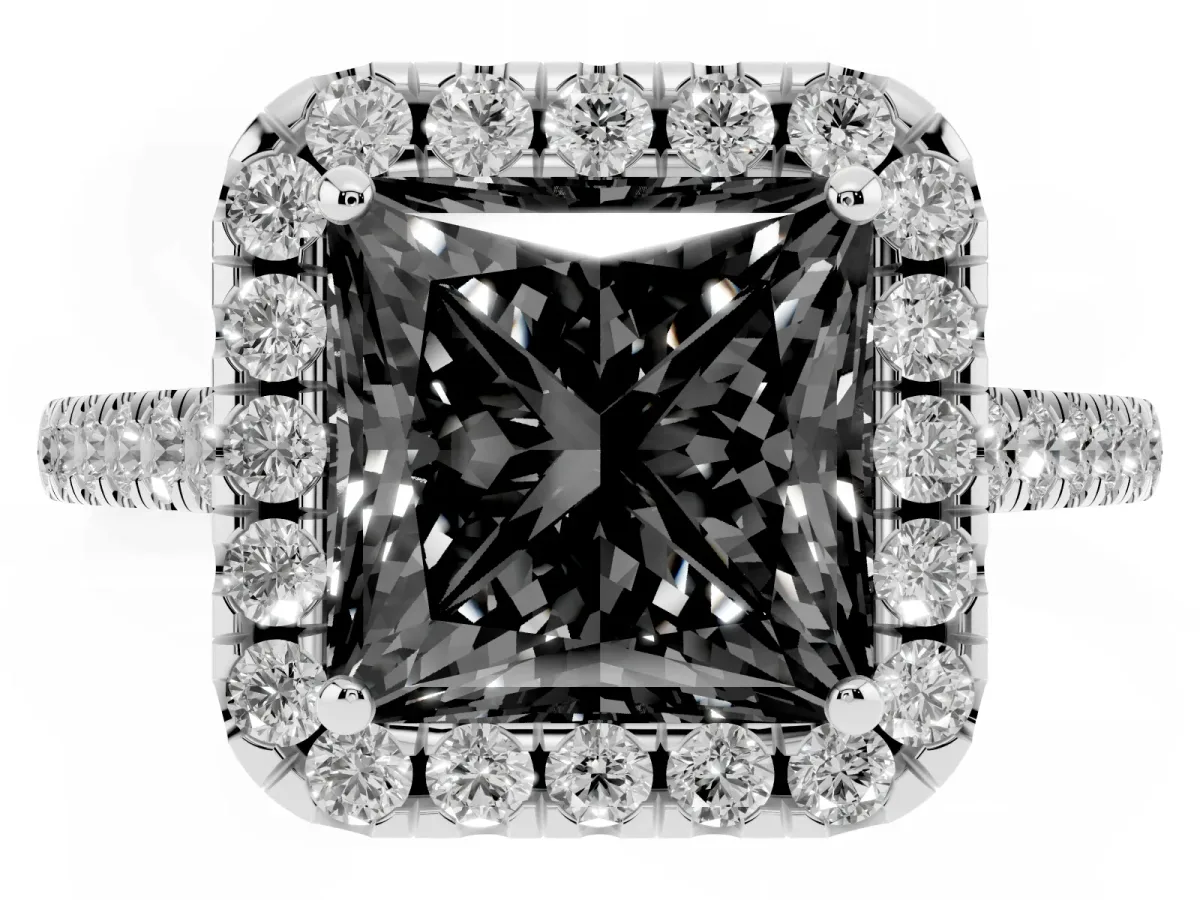 Fancy Black Princess Cut Halo Pave Diamond Engagement Ring with Four-Prong Setting Platinum
