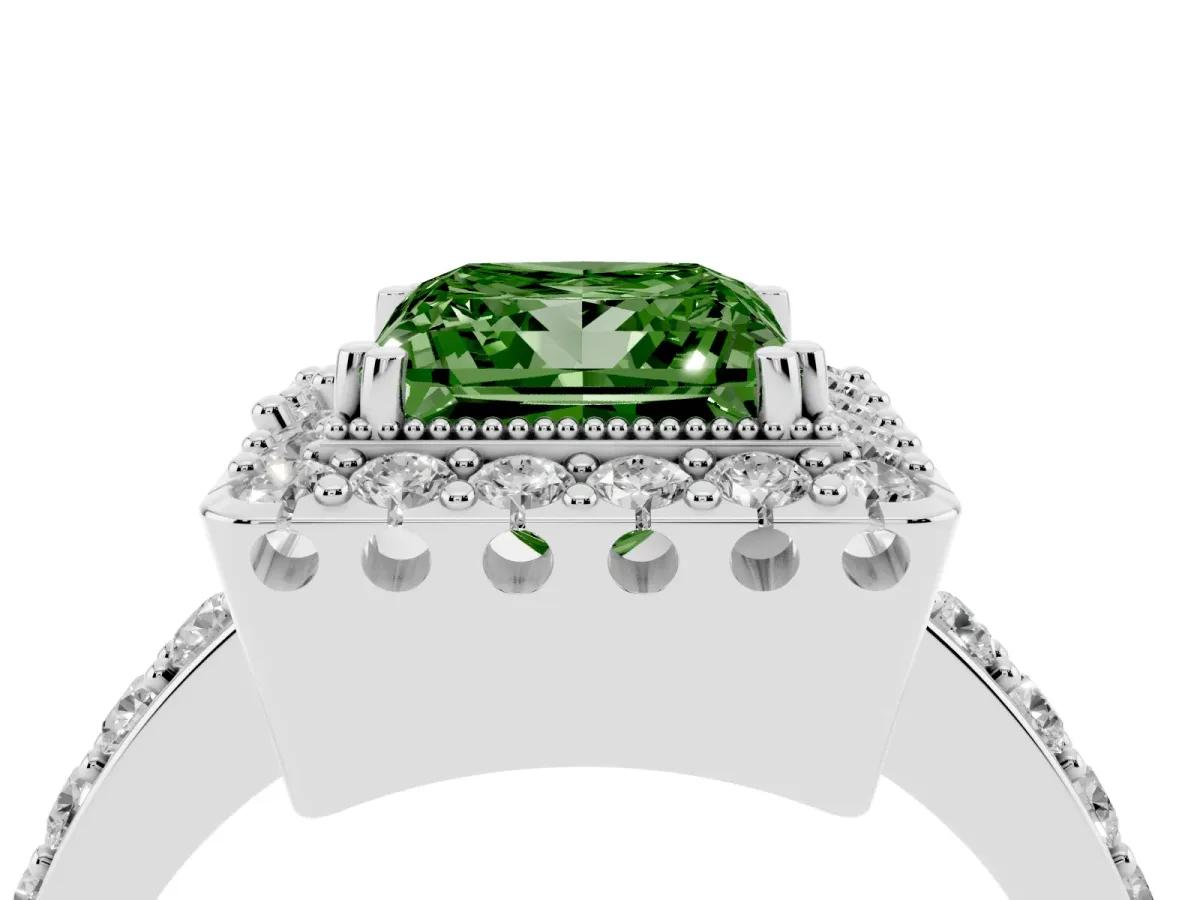 Fancy Green Princess Cut Diamond Halo Ring with Pavé Band and Prong Setting White gold