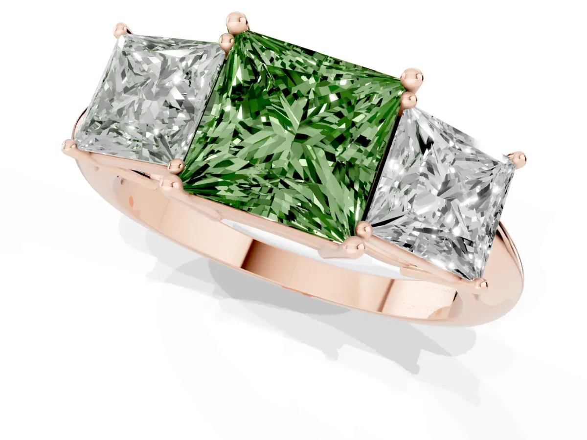 Fancy Green Three-Stone Princess Cut Cut Diamond Engagement Ring with Prong Setting on a White Gold Band Rose gold