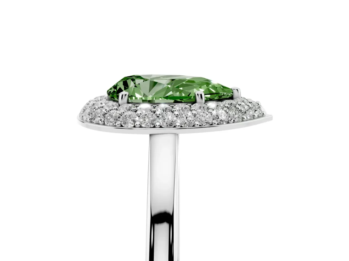Fancy Green Pear Cut Halo Diamond Engagement Ring with Solitaire Band and Four-Prong Setting Silver