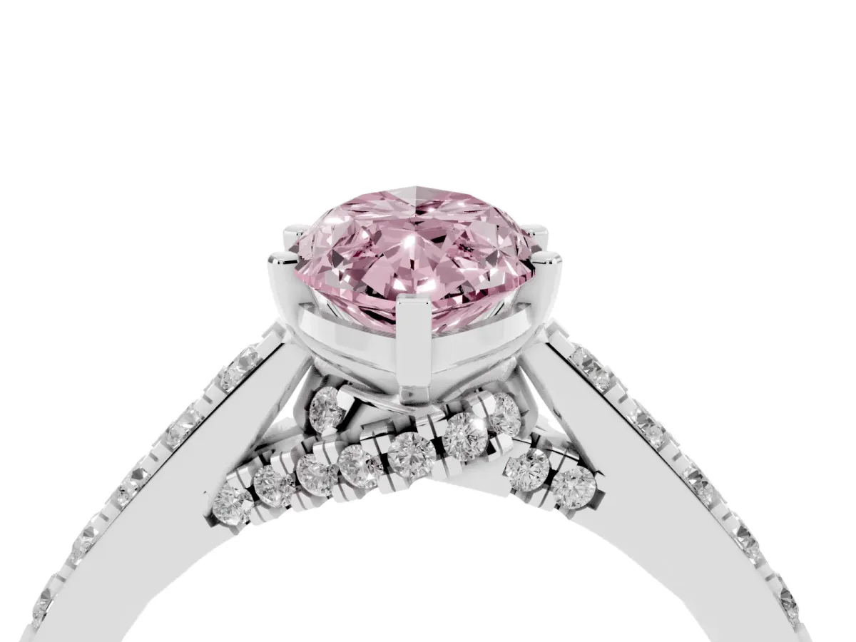 Fancy Pink Marquise Cut Diamond Solitaire Ring with Crossover Gallery and Round Pavé Band Platinum