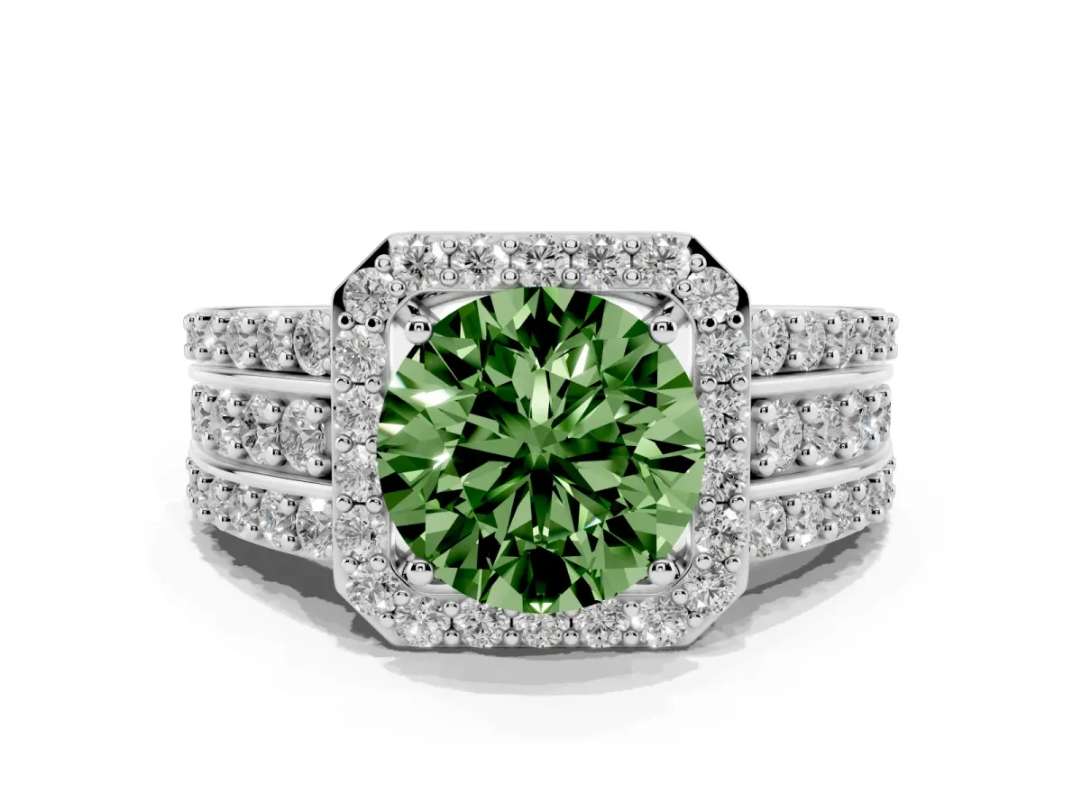 Fancy Green Round Cut Halo Diamond Ring with Round Split Shank and Prong Setting Silver