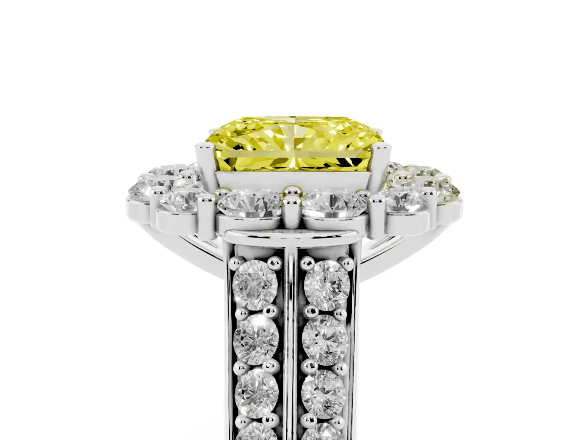 Fancy Yellow Radiant Cut Halo Diamond Engagement Ring with Split Shank and Prong Setting Silver