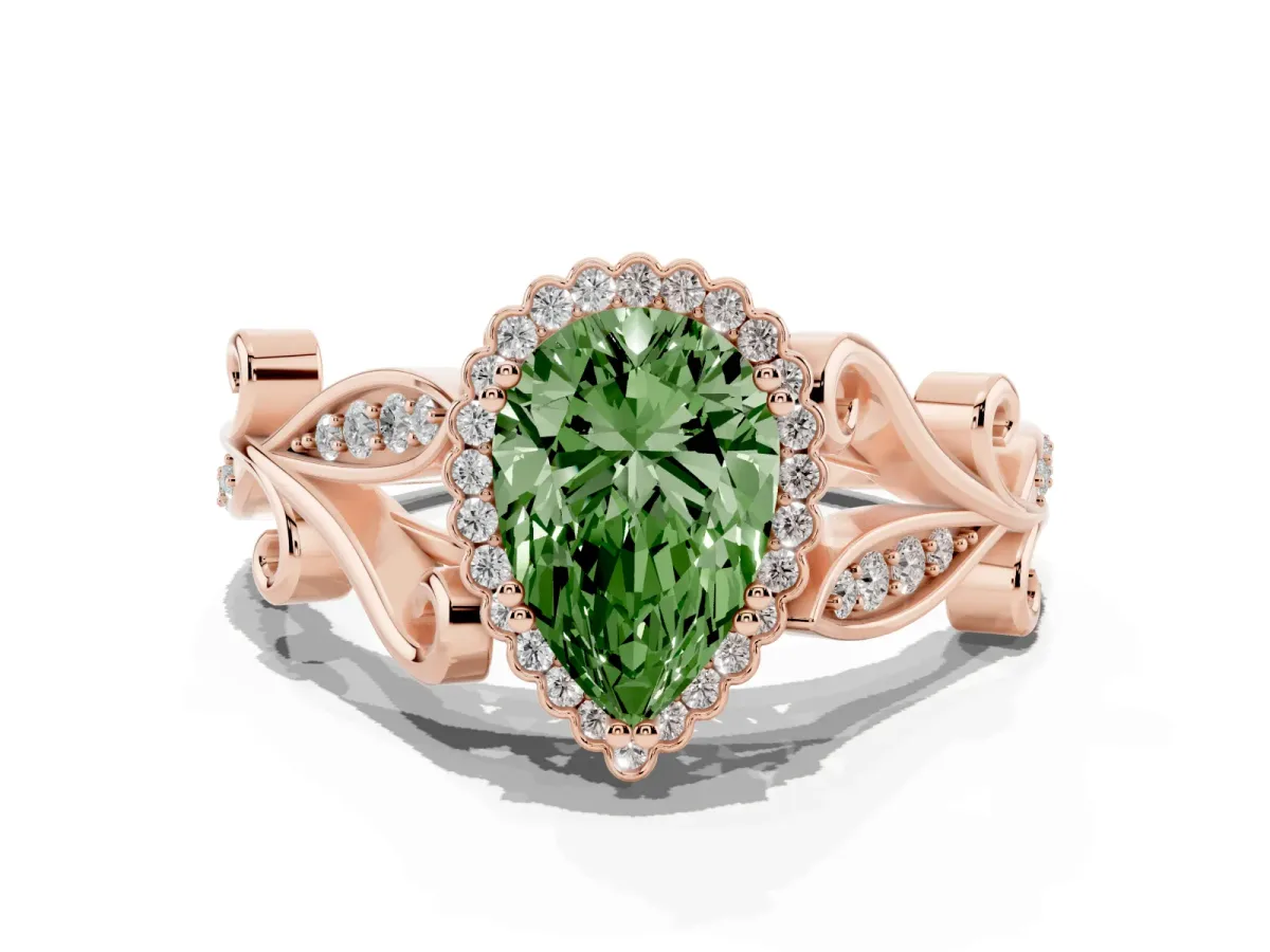 Fancy Green Pear Cut Diamond Halo Ring with Vintage Split Shank and Four-Prong Setting Rose gold