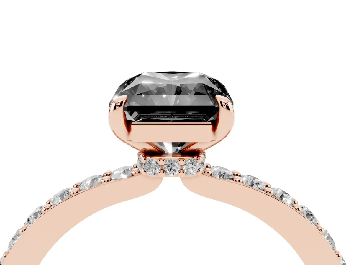 Fancy Black Radiant Cut Diamond Pavé Engagement Ring with Round Accents and Prong Setting Rose gold