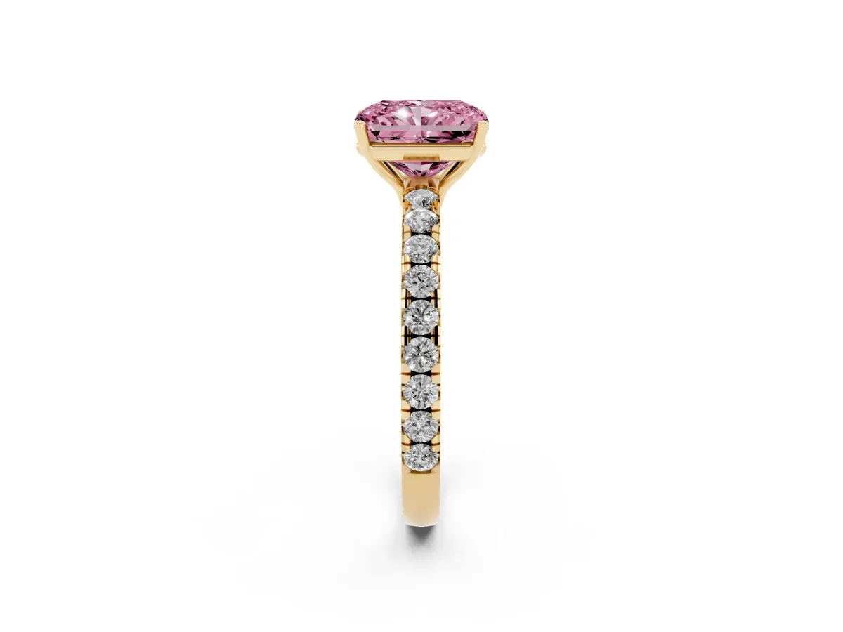 Fancy Pink Radiant Cut Diamond Pavé Solitaire Engagement Ring with Four-Prong Setting Yellow gold