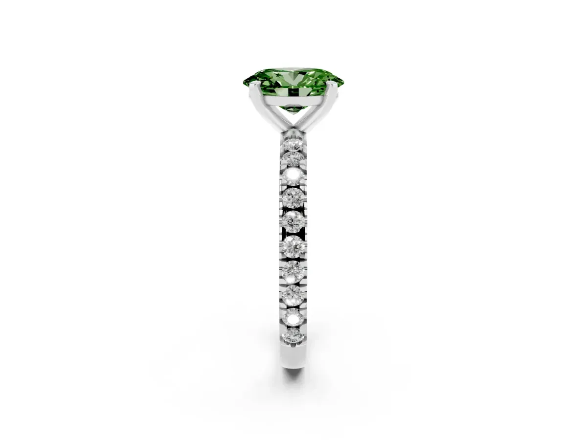 Fancy Green Oval Cut Diamond Pavé Band Solitaire with Four-Prong Setting Silver