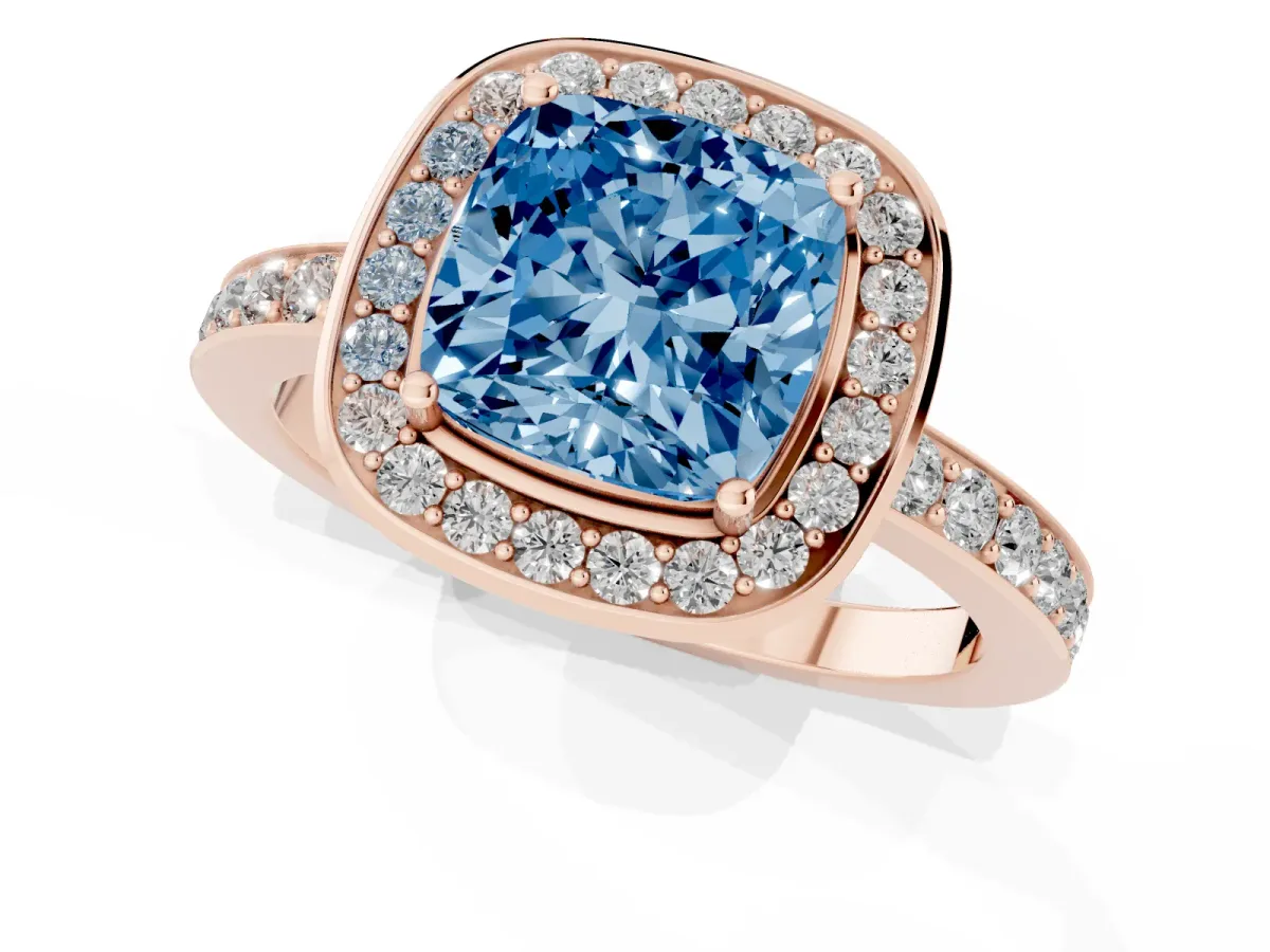 Fancy Blue Cushion Cut Diamond Halo Ring with Bezel Frame and Pavé Band Rose gold
