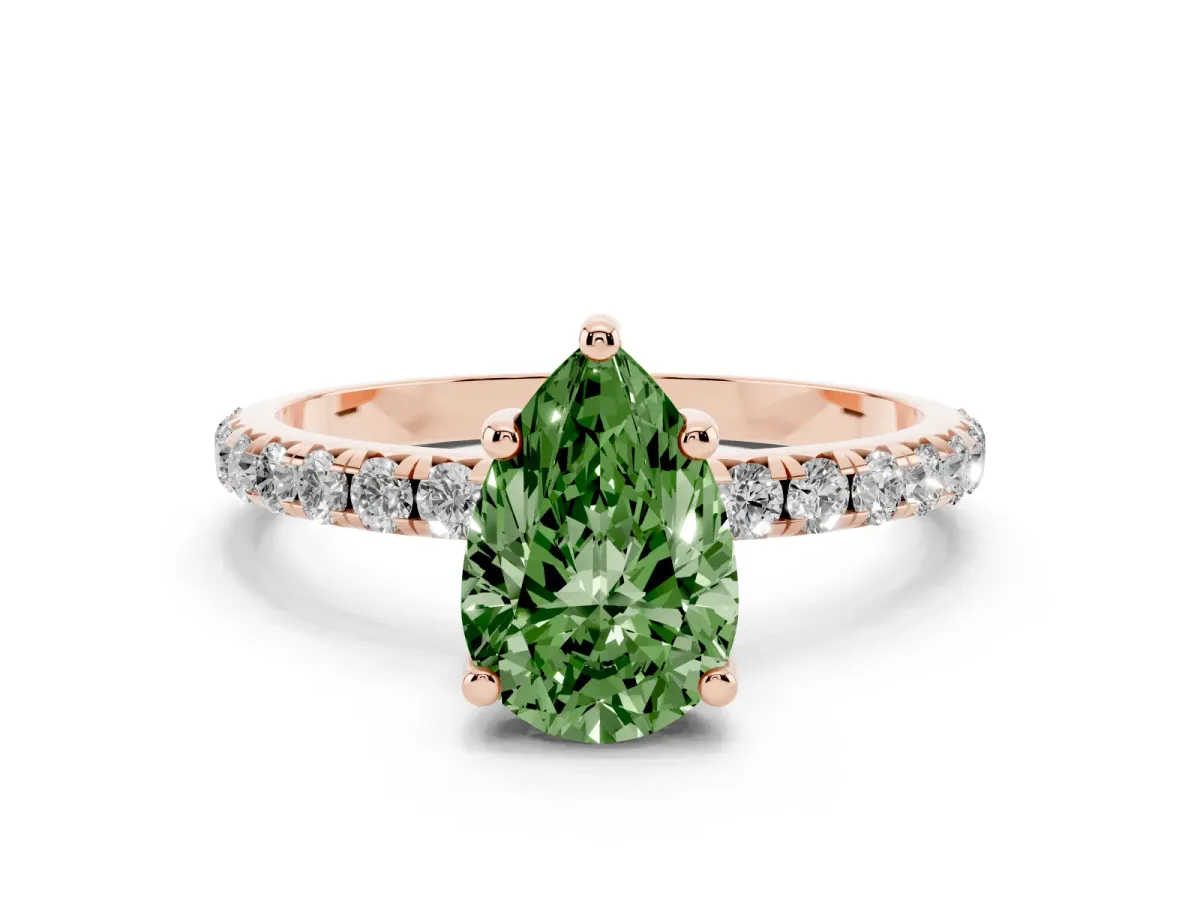 Fancy Green Pear Cut Cut Diamond Solitaire Ring with Micro Pave Band and Four Prong Setting Rose gold