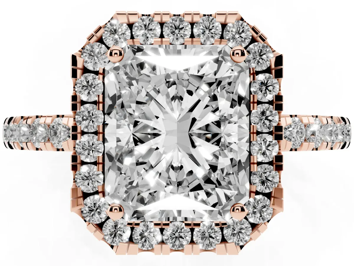 Radiant Cut Halo Diamond Engagement Ring with Pavé Band and Four-Prong Setting Rose gold