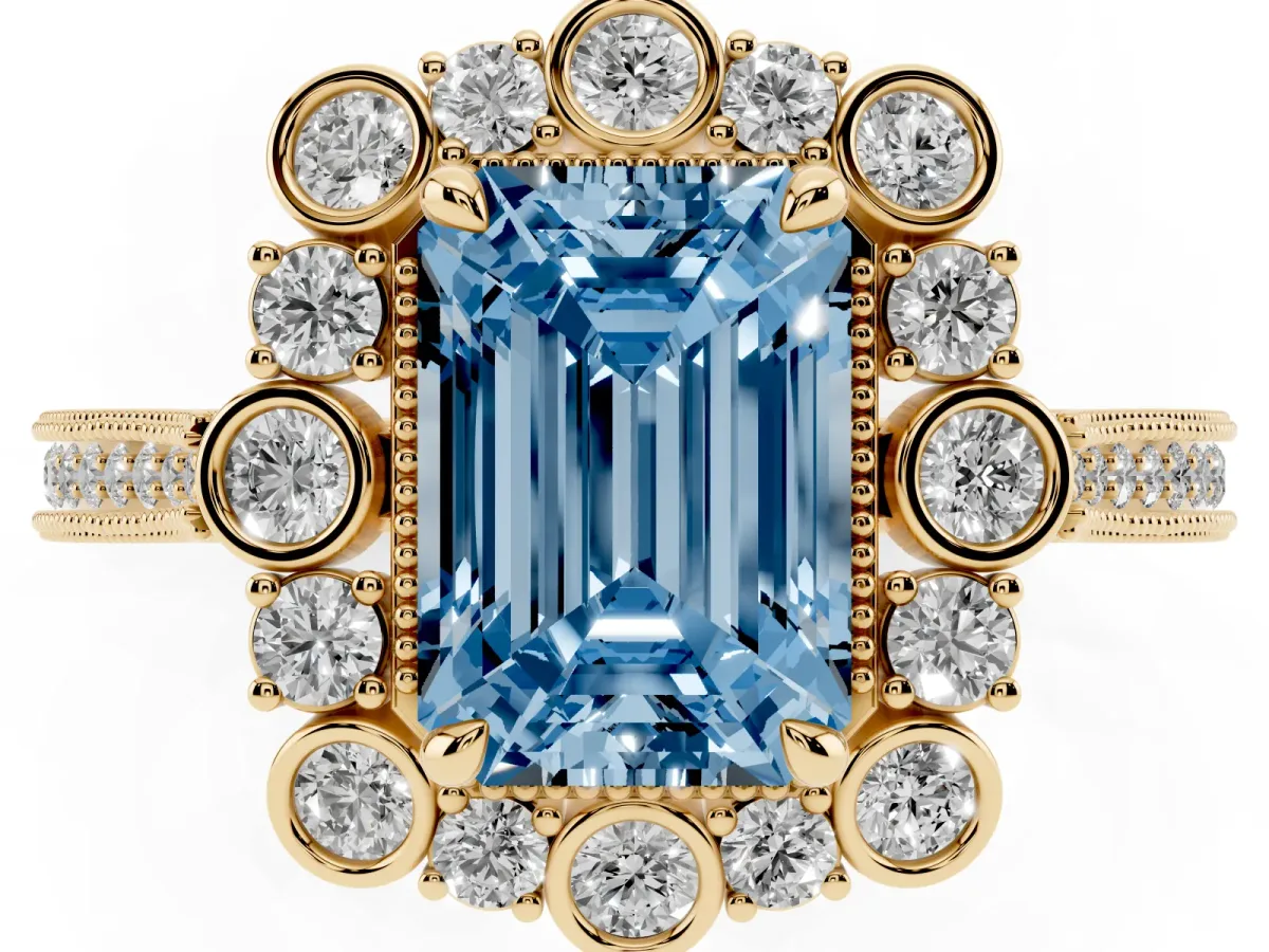 Fancy Blue Emerald Cut Halo Milgrain Pave Diamond Ring with Four-Prong Setting Yellow gold