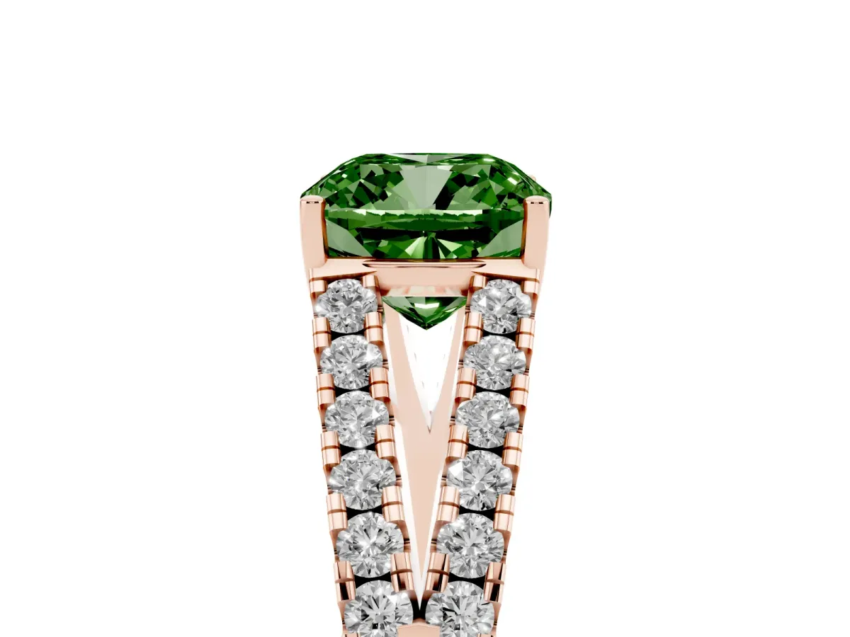 Fancy Green Cushion Cut Diamond Split Shank Pavé Engagement Ring with Four-Prong Setting Rose gold