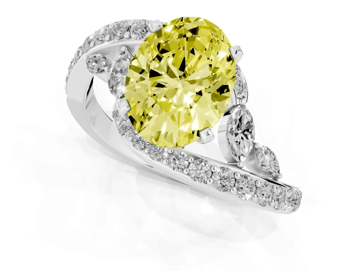 Fancy Yellow Oval Cut Solitaire with Pavé Twist Band and Four-Prong Setting Silver