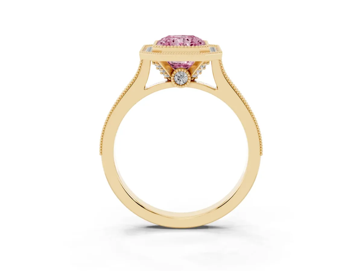 Fancy Pink Halo Radiant Cut-Cut Diamond Pave Band Milgrain Prong Setting Ring Yellow gold