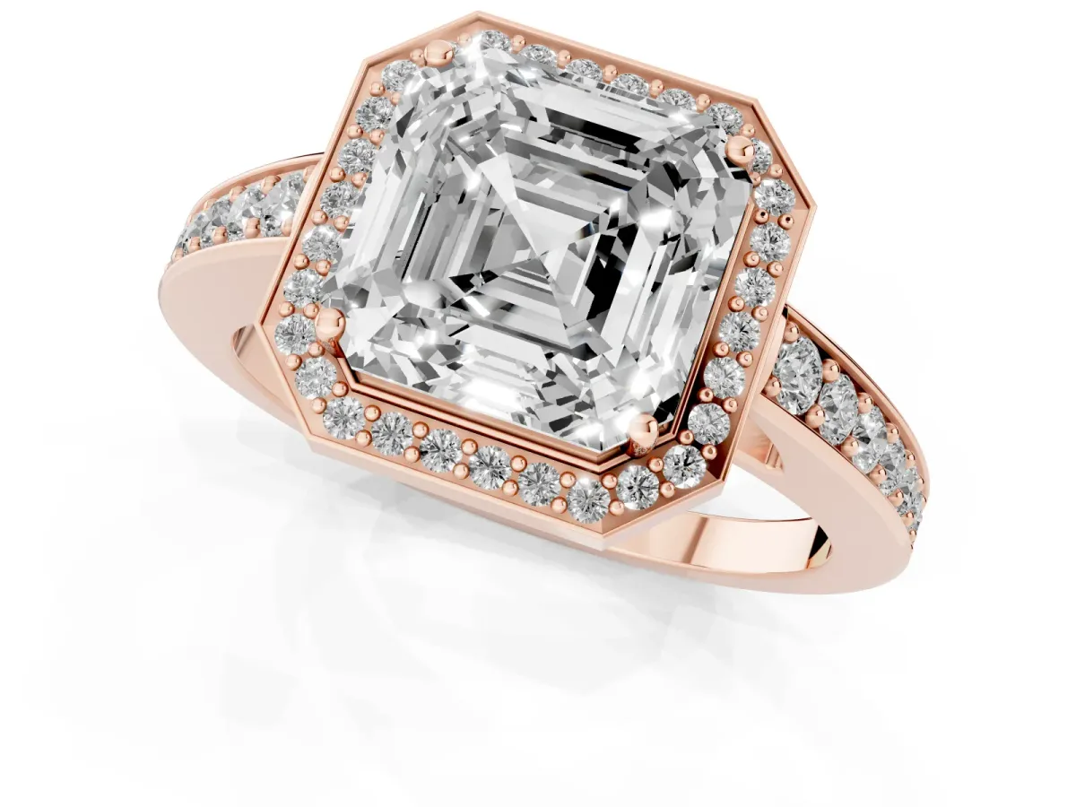 Asscher Cut Halo Pavé Diamond Engagement Ring with Bezel Setting Rose gold
