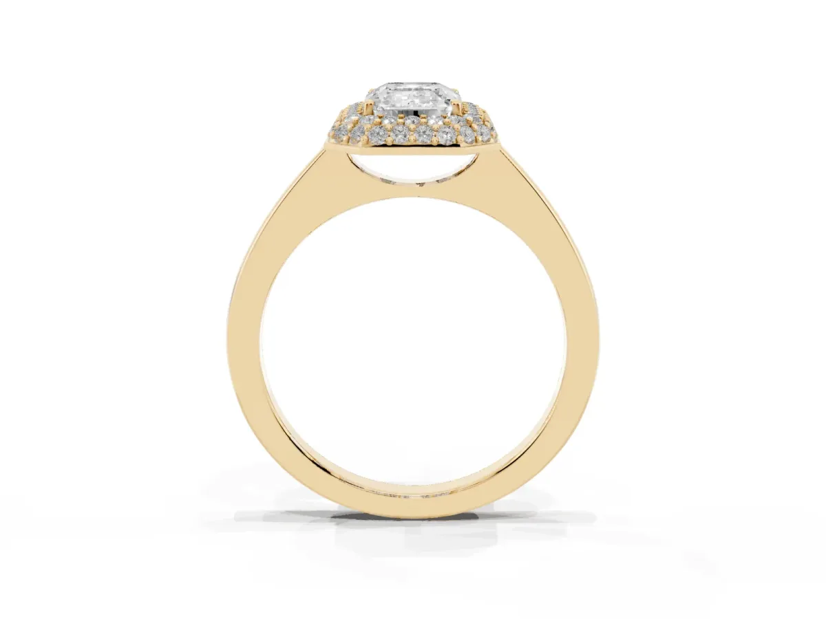 Emerald Cut Halo Diamond Engagement Ring with Solitaire Band and Four-Prong Setting Yellow gold