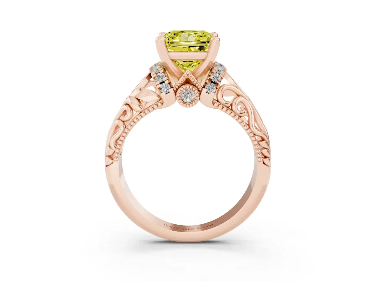 Fancy Yellow Princess Cut Solitaire Filigree Engagement Ring with Halo and Prong Setting Rose gold