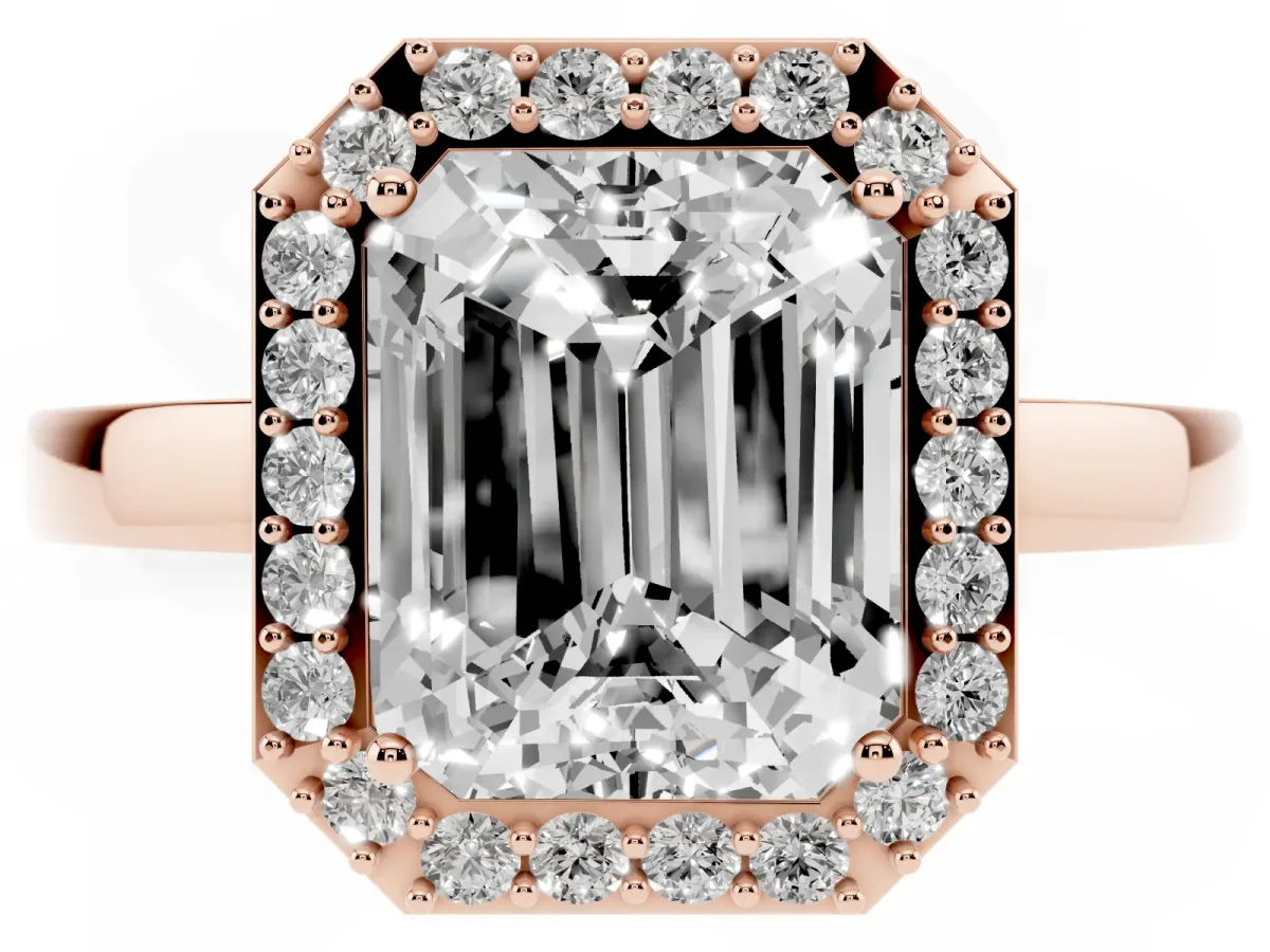 Radiant Cut Halo Diamond Ring with Solitaire Band and Prong Setting Rose gold