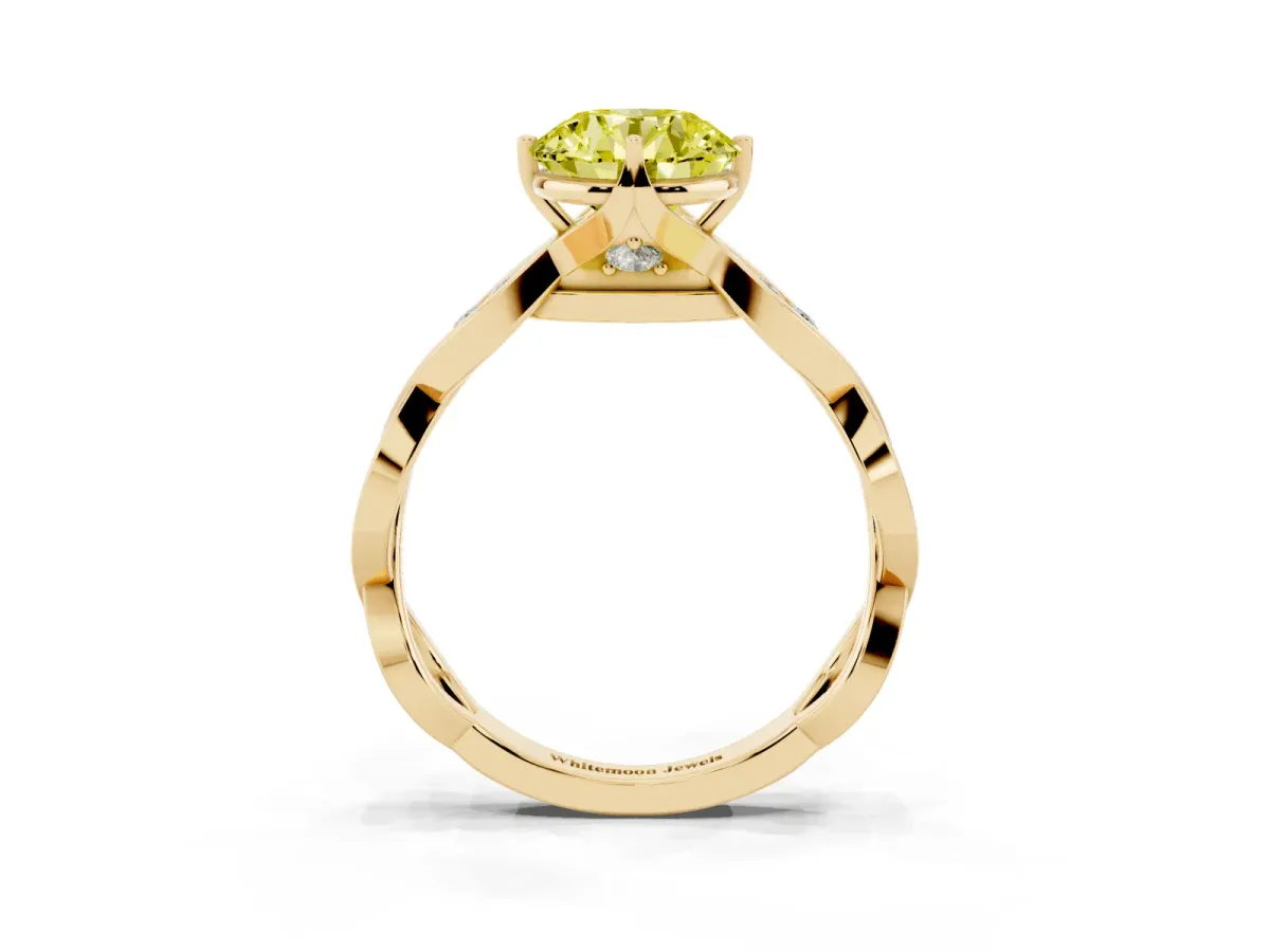 Fancy Yellow Round Cut Solitaire Twist Band with Leaf Prong Setting Yellow gold
