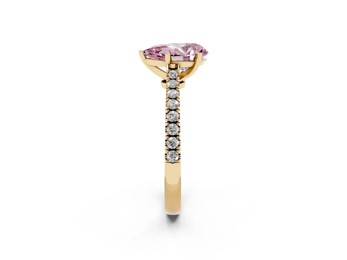 Fancy Pink Pear Cut Cut Solitaire Diamond Engagement Ring with Pave Band and Four-Prong Setting Yellow gold