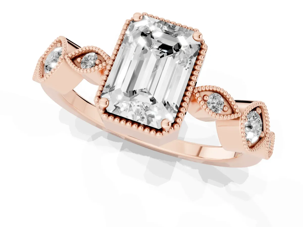 Emerald Cut Diamond Vintage Milgrain Ring with Round Stations Rose gold