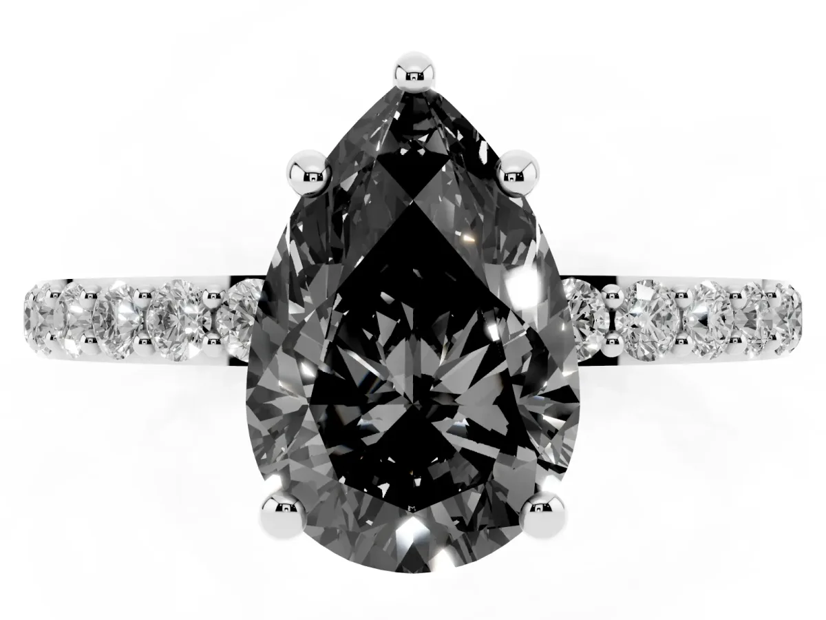 Fancy Black Pear Cut Diamond Solitaire Ring with Round Pavé Band and Prong Setting Platinum