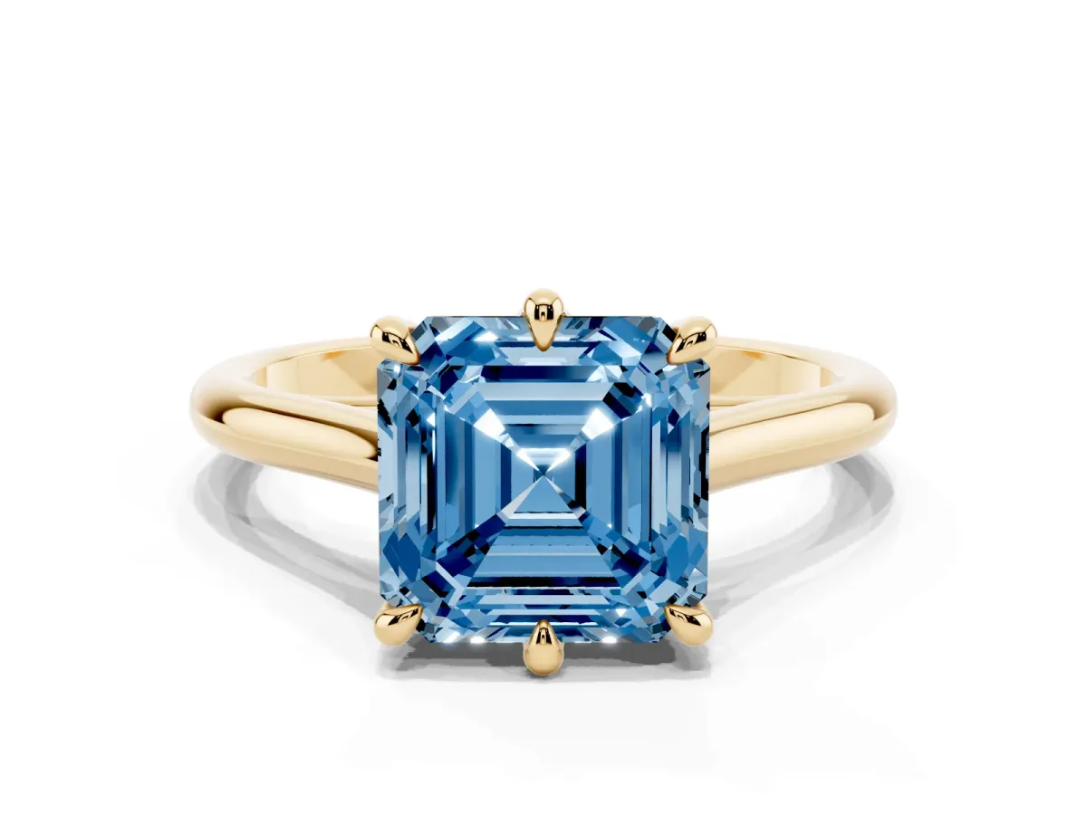 Fancy Blue Asscher Cut Solitaire Engagement Ring with Six-Prong Setting and Classic Band Yellow gold