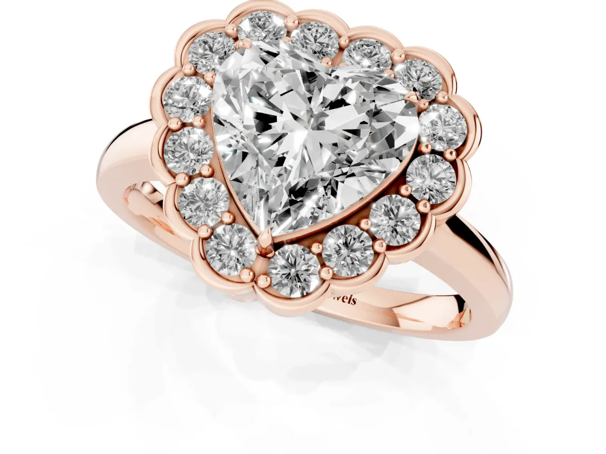 Heart Cut Halo Cluster Diamond Engagement Ring with Solitaire Band and Prong Setting Rose gold