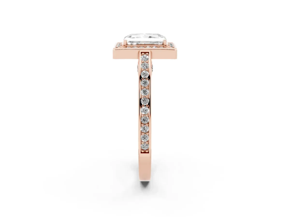 Radiant Cut Cut Halo Pave Split Shank Prong Setting Ring Rose gold