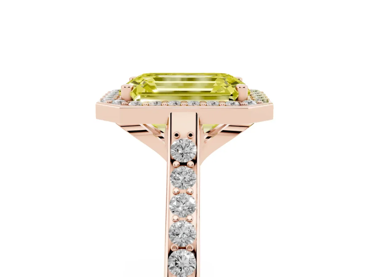 Fancy Yellow Emerald Cut Diamond Halo Engagement Ring with Round Pavé Shoulders and Prong Setting Rose gold