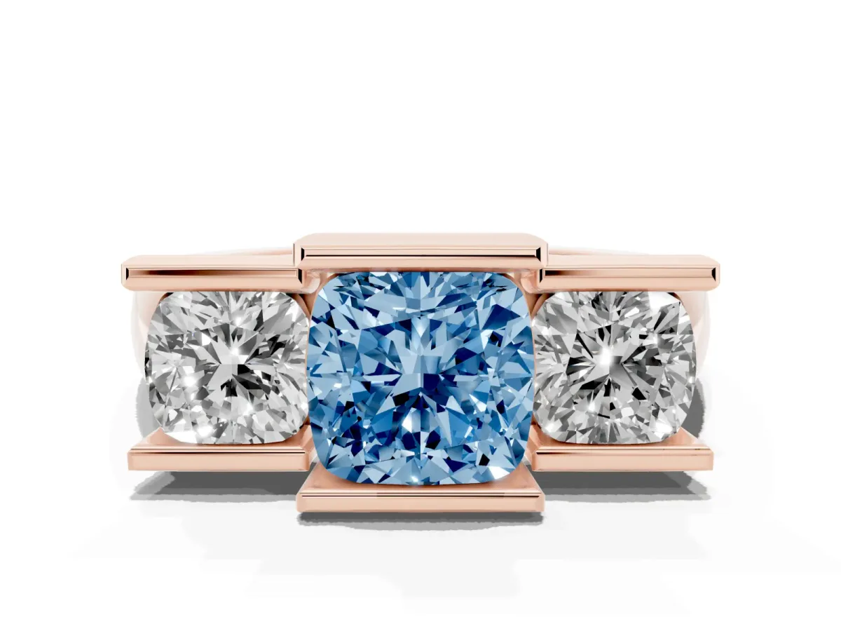 Fancy Blue Three Stone Cushion Cut Cut Channel Set Diamond Ring Rose gold