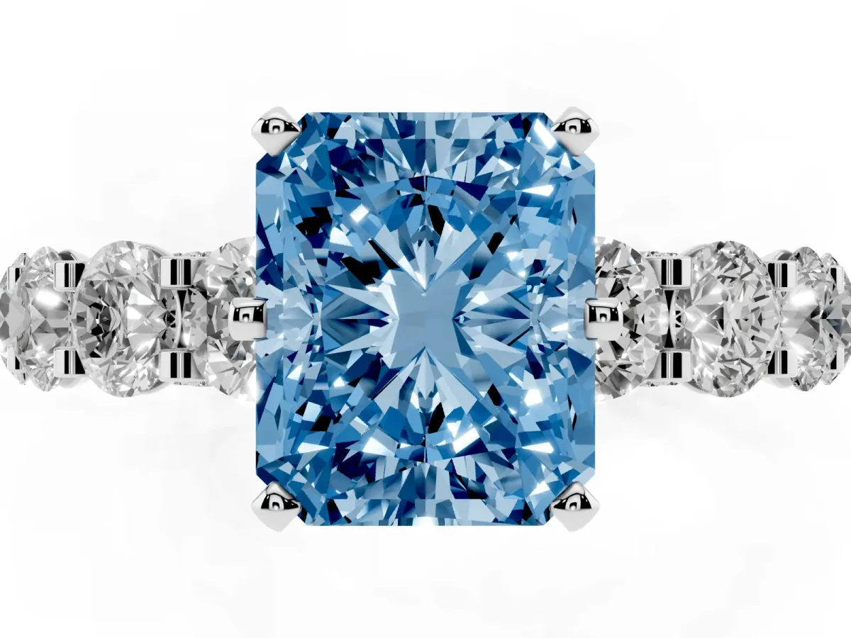 Fancy Blue Radiant Cut Diamond Side Stone Engagement Ring with Four-Prong Setting White gold