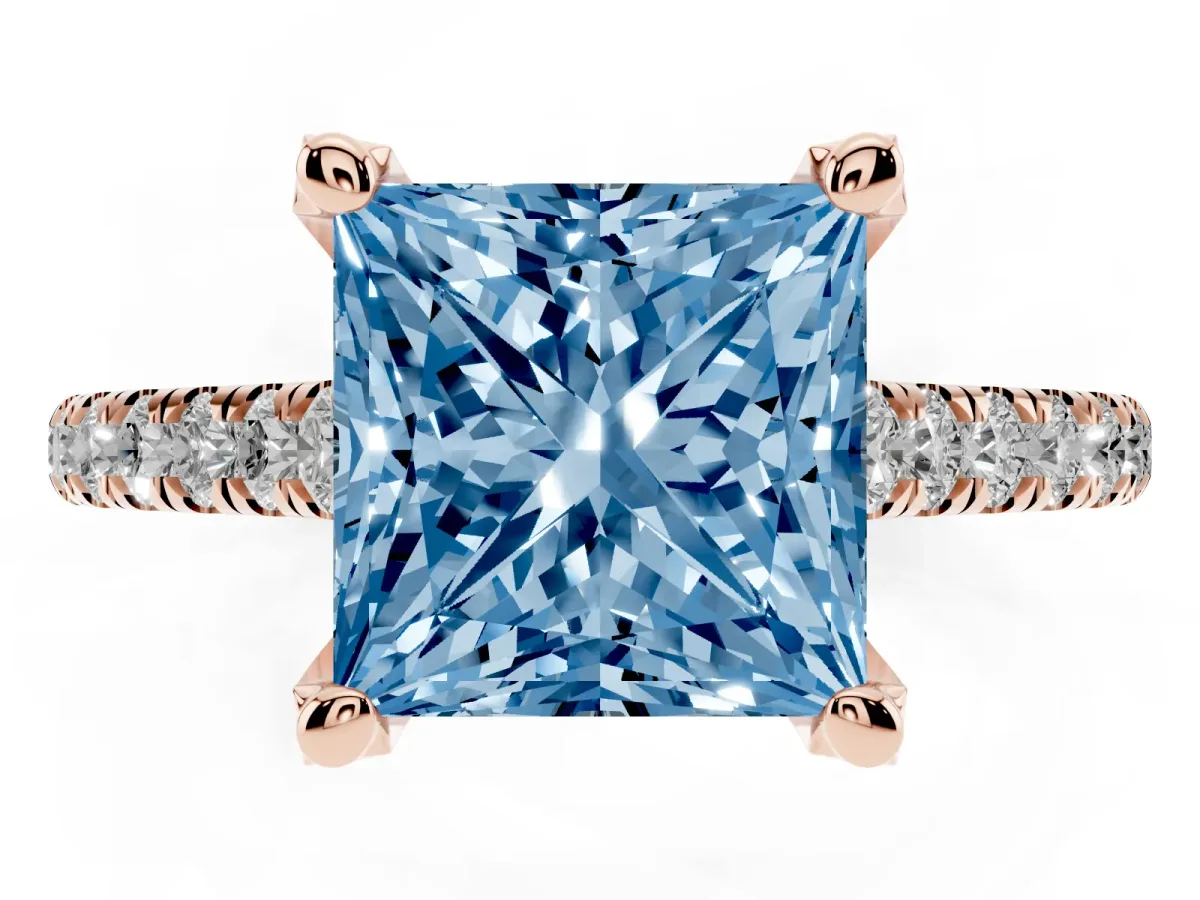 Fancy Blue Princess Cut Brilliant Diamond Solitaire with Pavé Band and Four-Prong Setting Rose gold
