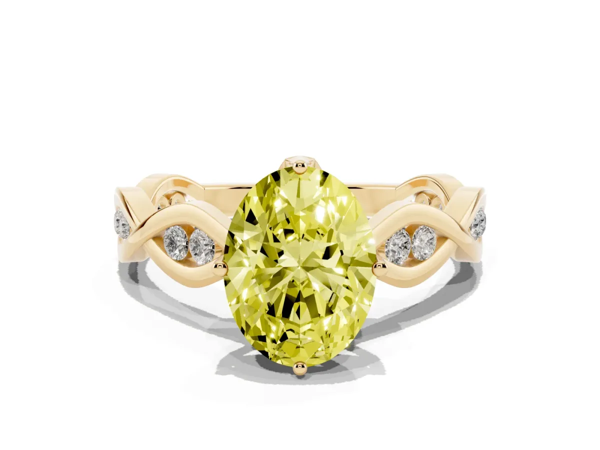 Fancy Yellow Oval Cut Solitaire Twist Band with Leaf Prong Setting Yellow gold