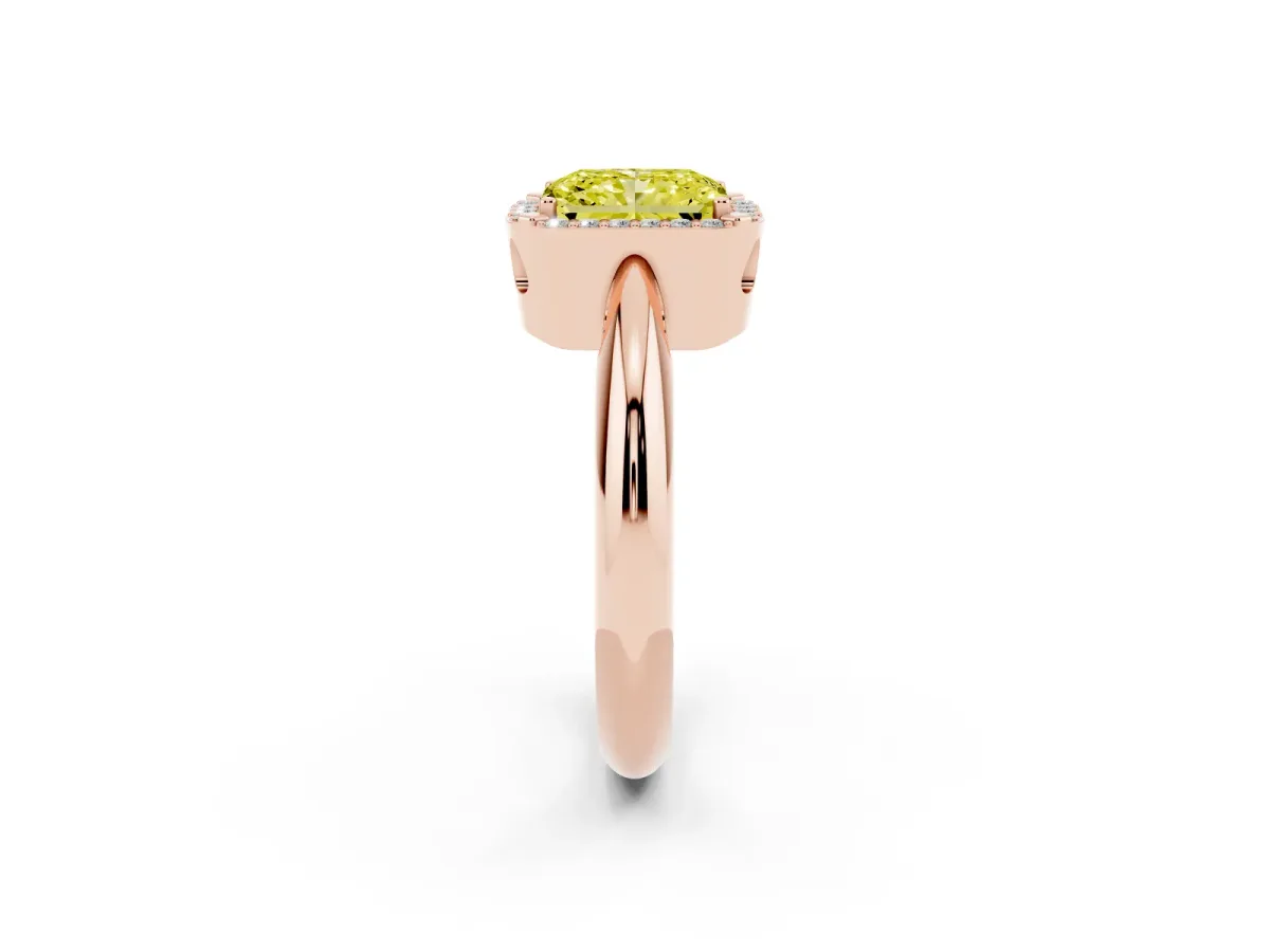 Fancy Yellow Radiant Cut Cut Diamond Halo Engagement Ring with Split Shank and Four-Prong Setting Rose gold