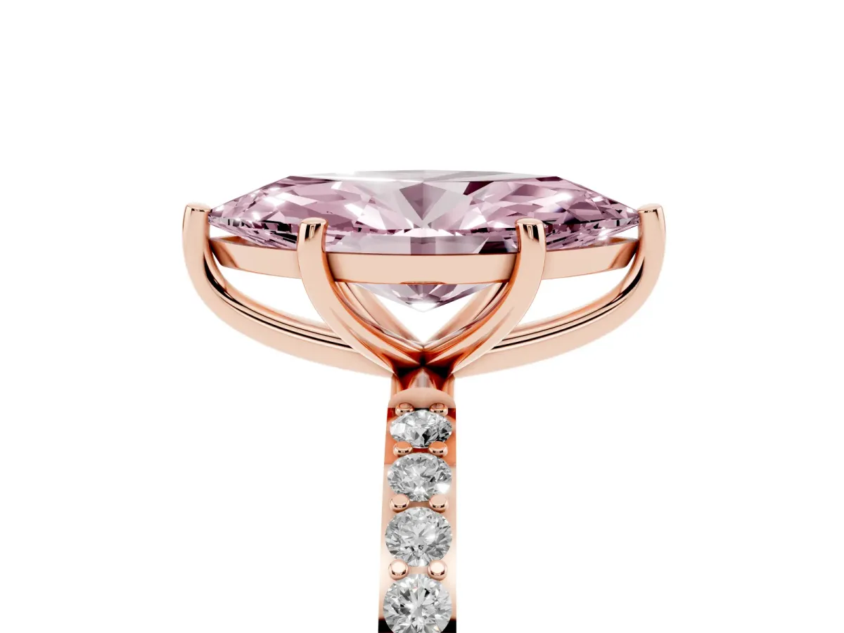 Fancy Pink Marquise Cut Diamond Solitaire Ring with Round Pavé Shoulders and Prong Setting Rose gold