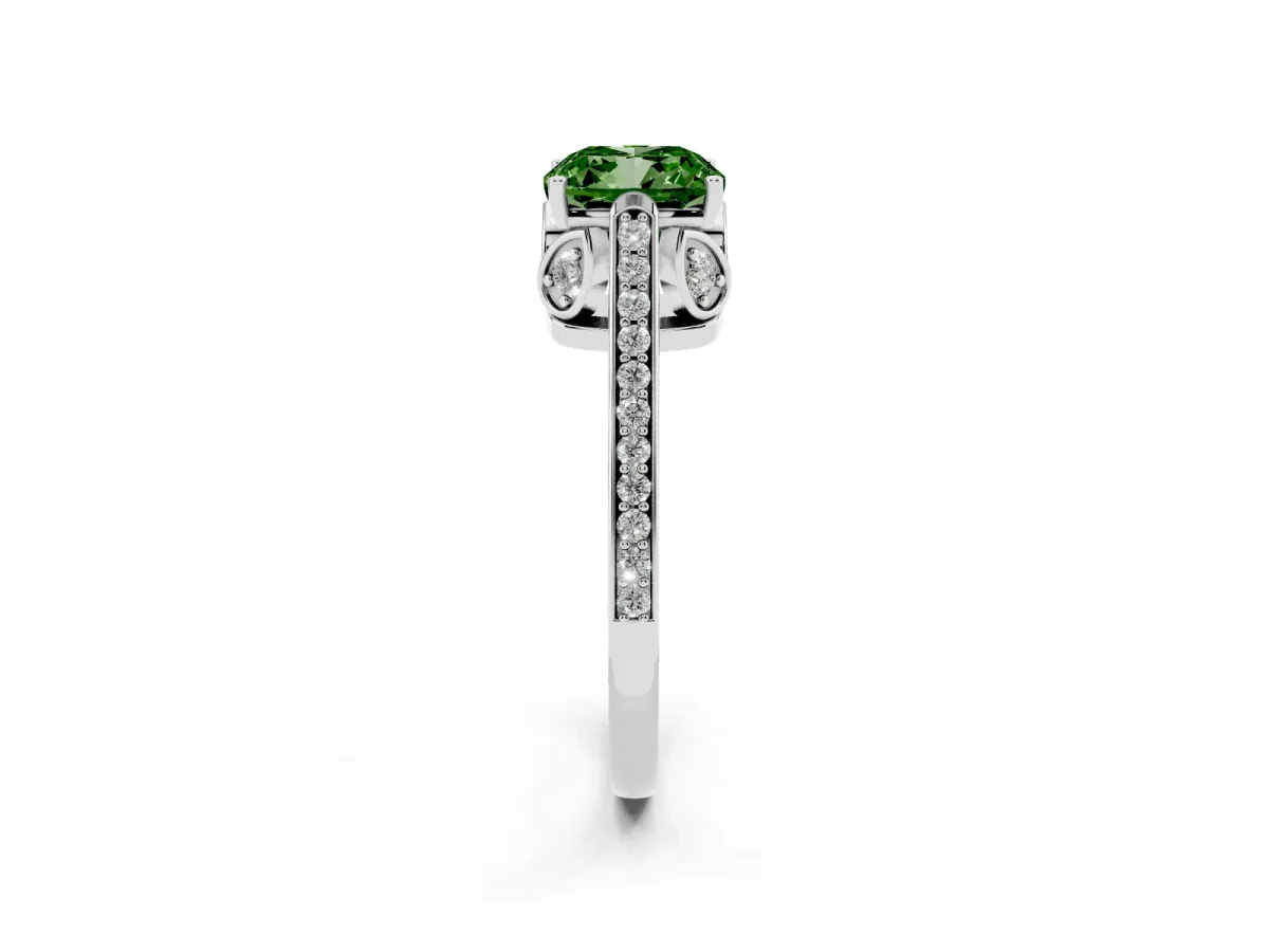 Fancy Green Cushion Cut Cut Cathedral Pave Diamond Engagement Ring with Six-Prong Setting Silver