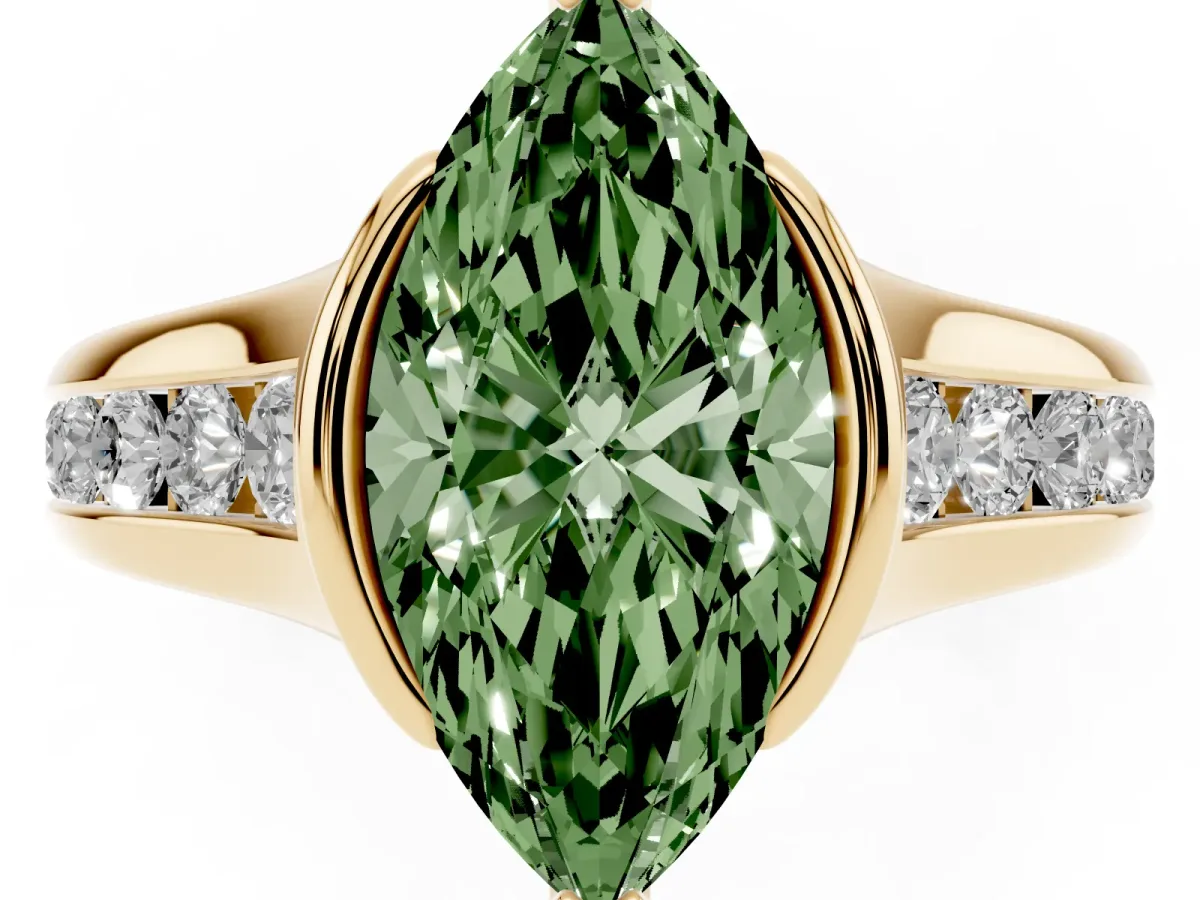 Fancy Green Marquise Cut Solitaire Bezel-Set Diamond Ring with Channel-Set Band Yellow gold
