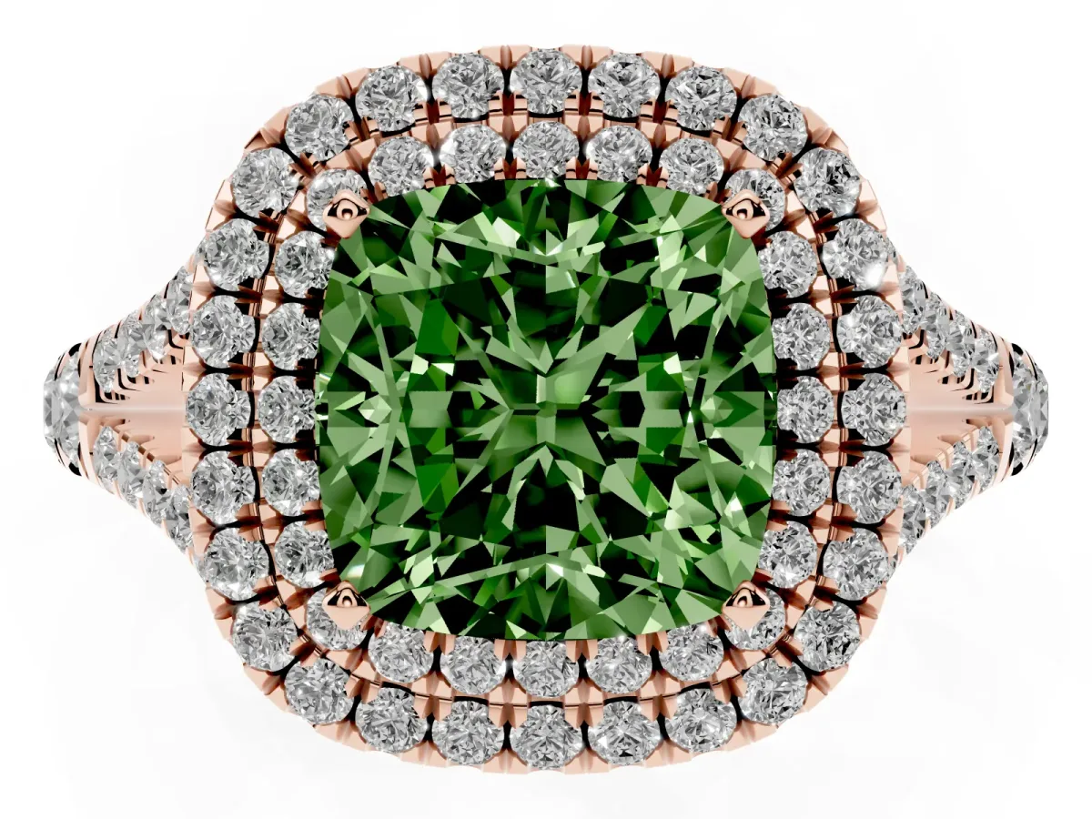 Fancy Green Cushion Cut Diamond Pavé Split Shank Double Halo Engagement Ring Rose gold