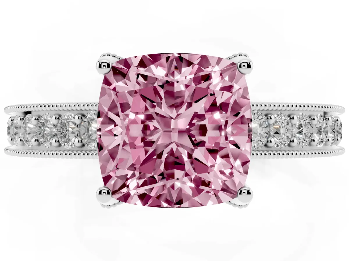 Fancy Pink Cushion Cut Cut Diamond Solitaire Ring with Milgrain Pave Band and Four Prong Setting Platinum