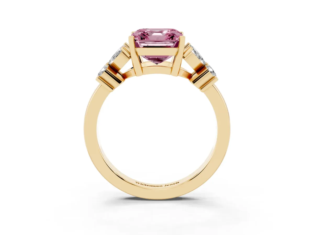 Fancy Pink Princess Cut Diamond Floral Cluster Ring with Solitaire Band and Prong Setting Yellow gold