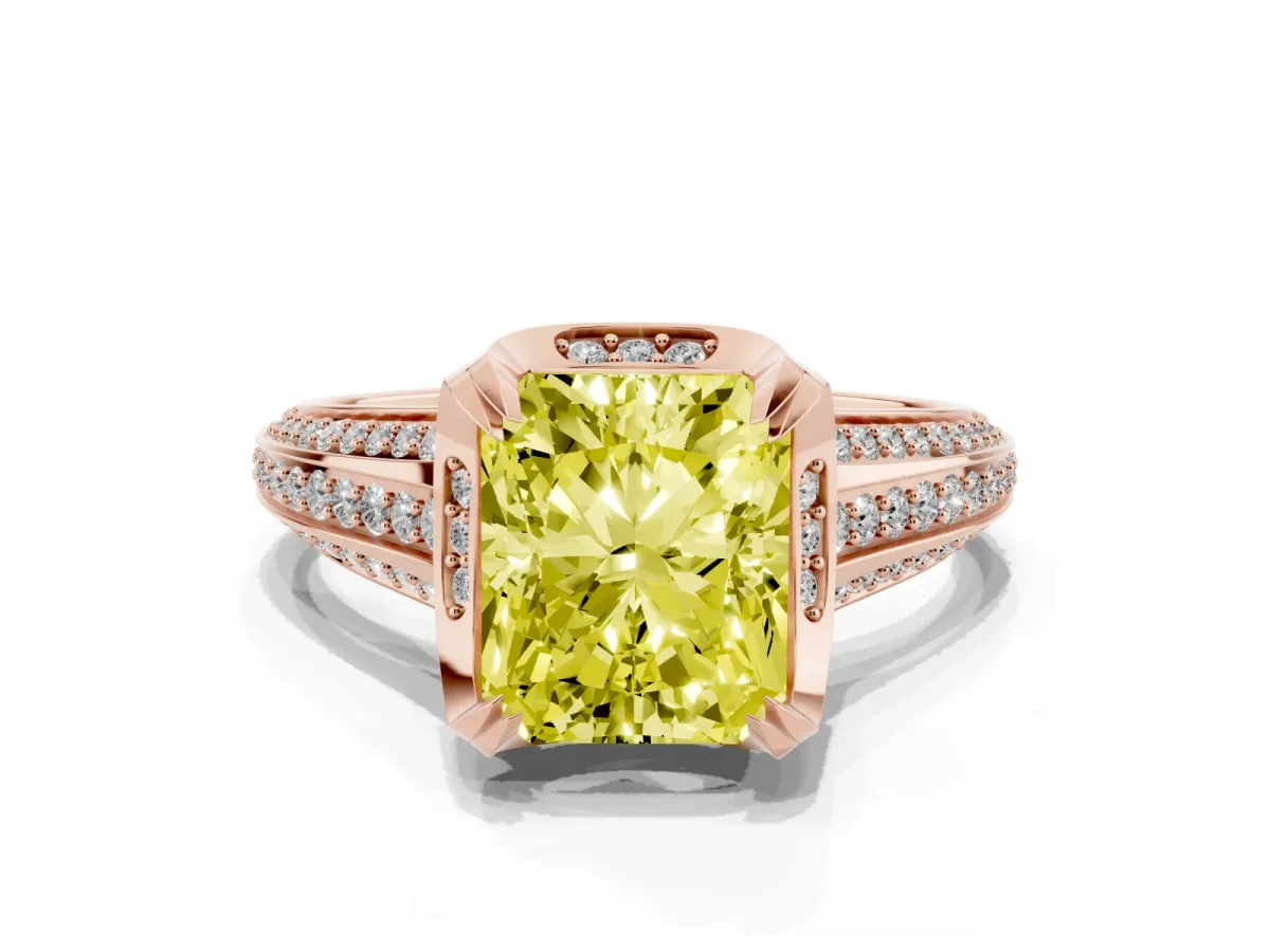 Fancy Yellow Radiant Cut Solitaire Pave Split Shank Ring with Four-Prong Setting Rose gold