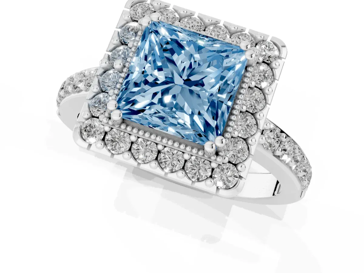 Fancy Blue Princess Cut Diamond Halo Ring with Pavé Band and Prong Setting White gold