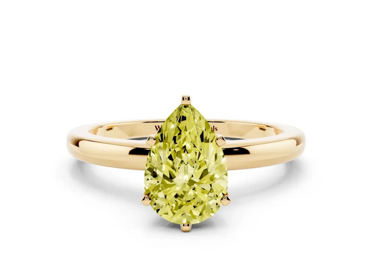 Fancy Yellow Pear Cut Solitaire Diamond Ring with Six-Prong Setting on a Classic Band Yellow gold