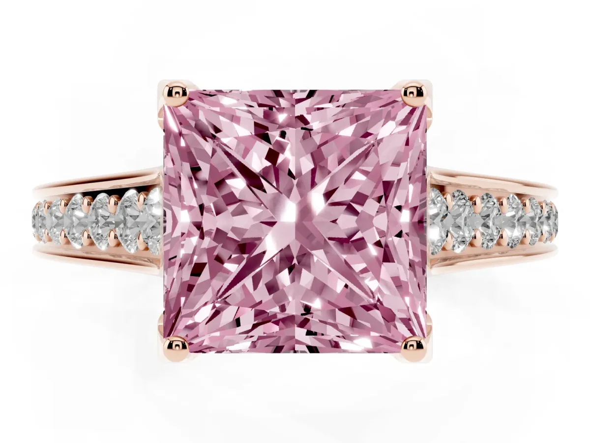 Fancy Pink Princess Cut Brilliant Cut Diamond Engagement Ring with Pavé Band and Four-Prong Setting Rose gold