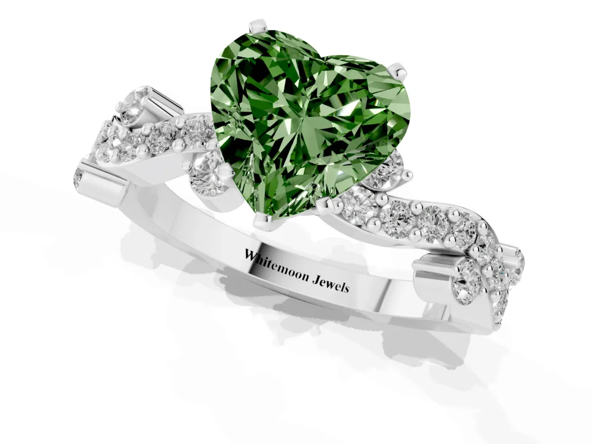 Fancy Green Heart Cut Cut Solitaire Diamond Twisted Band with Pave Setting Platinum