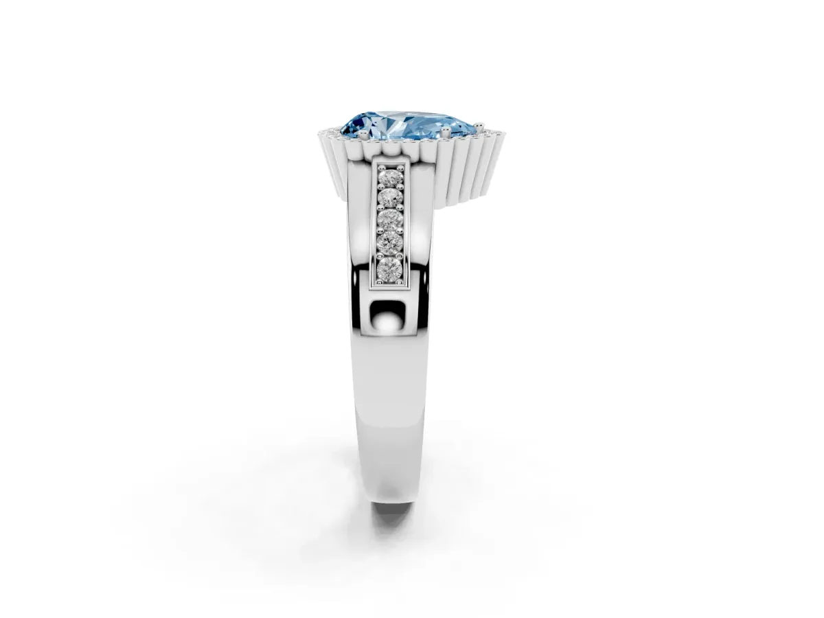 Fancy Blue Pear Cut Cut Halo Pave Band Four-Prong Ring Silver