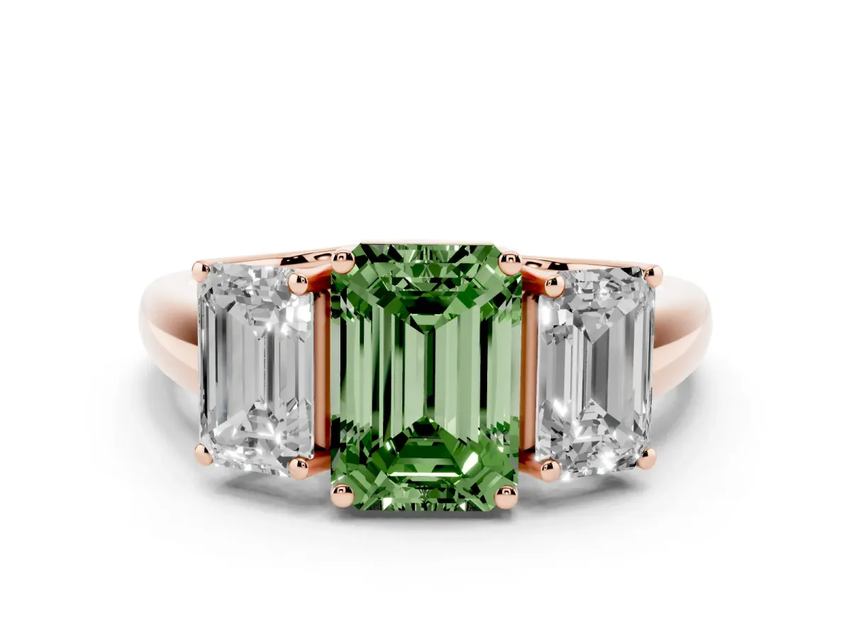 Fancy Green Three-Stone Emerald Cut Diamond Engagement Ring with Prong Setting Rose gold